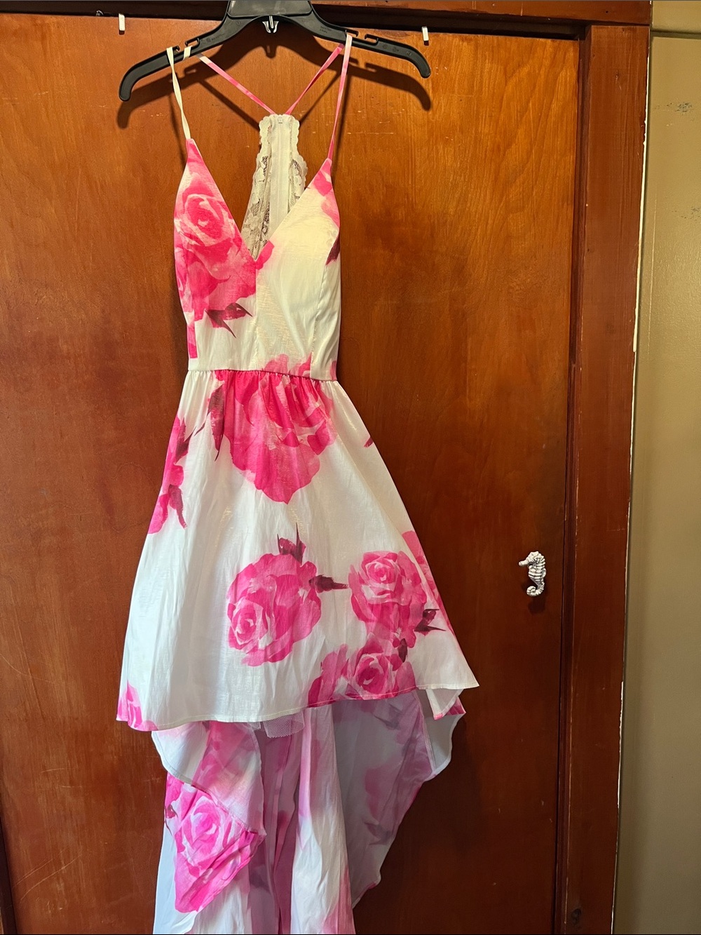 B. Smart White Dress with Bright Pink Floral High-Low Hem